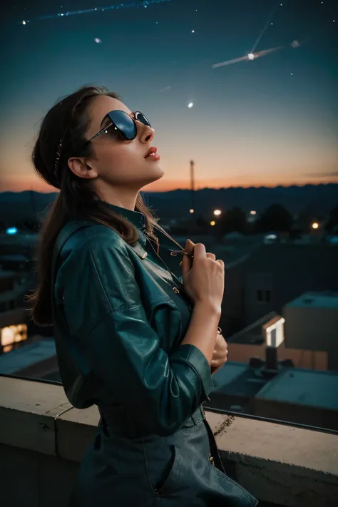 A fashionable woman with a pair of vintage sunglasses stands on a rooftop, gazing up at the stars. She feels a connection to her departed loved ones, knowing they are watching over her from the night sky. The image is rendered in a retro, nostalgic style, ...