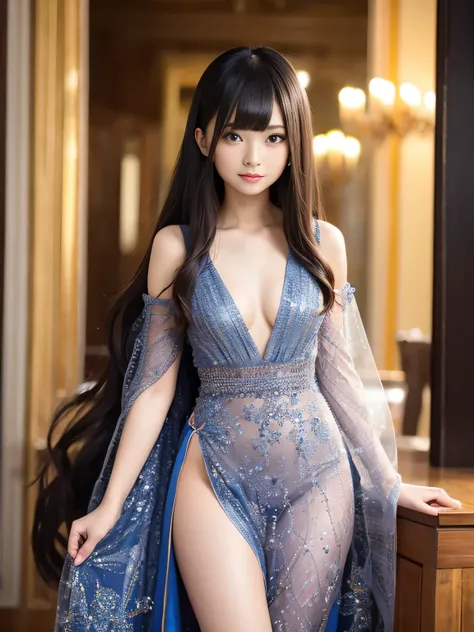 ultra high resolution、super high quality、8k、Detailed details、great expression、1 female、Tall and slender woman、small breasts、long brown curly hair、Blue see-through dress with luxurious hair ornaments、luxury hotel dance party background、