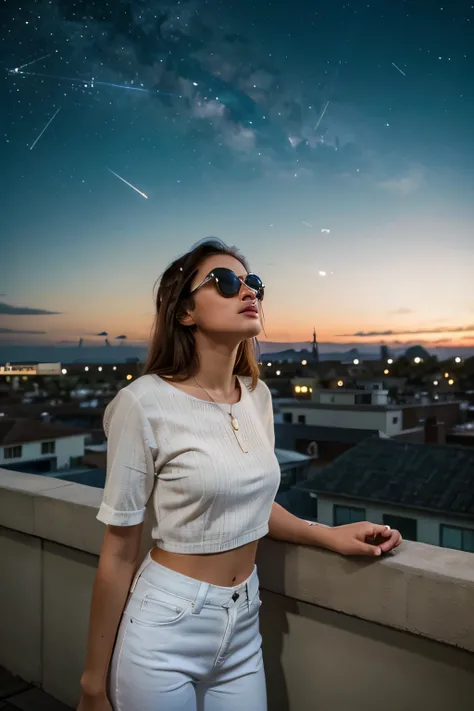 A stylish girl 18-25 age , white jeans, with a pair of vintage sunglasses stands on a rooftop, gazing up at the stars. She feels a connection to her departed loved ones, knowing they are watching over her from the night sky. The image is rendered in a retr...