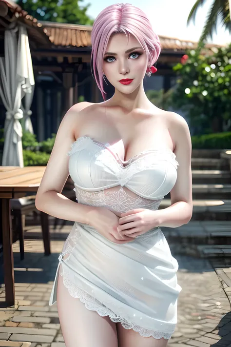 1 girl,Alice,(pajamas),(White strapless dress:1.4),Outdoor activities,  (standing posture),grace,(((red lips))), Lips slightly open,  clavicle,Lactation,(huge breasts),skin shiny,((8k, original photo, top quality, masterpiece), HD RAW color photos professi...