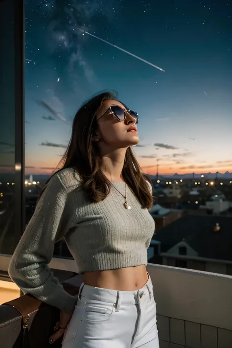 A stylish girl 18-25 age, white jeans, with a pair of vintage sunglasses stands on a rooftop, gazing up at the stars. She feels a connection to her departed loved ones, knowing they are watching over her from the night sky. The image is rendered in a retro...