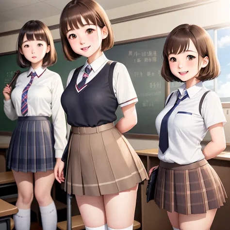 uniform、knee high socks、brown hair、short hair、cute face、classroom、girls high school uniform、Commemorative photo with four high school girls、tight uniform、plaid skirt、white shirt、tie、lady lady、smile、One person is shotgun、Rear view、one person looks back、emba...