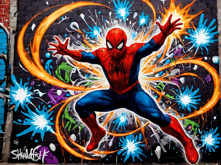 made of elemental_graffiti, design a mesmerizing ((((wall graffiti)))) featuring heroic spider-man in a dynamic pose (swinging t...