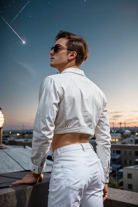 A stylish man 18-25 man, white jeans, back view, distance from view, angle view, white jeans, with a pair of vintage sunglasses stands on a rooftop, gazing up at the stars. She feels a connection to her departed loved ones, knowing they are watching over h...