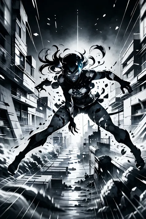 best quality, monochrome, motion-blur, action-lines, graffiti comics, no color, ruins