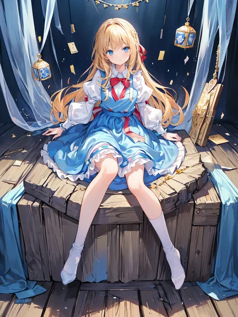 (official art、highest quality、Unity 8k 壁紙、32K、masterpiece、super detailed、超A high resolution)、Fantastic、((alice in wonderland))、blonde、tie hair with ribbon、blue colored eyes、Blue Apron Dress、white socks、
