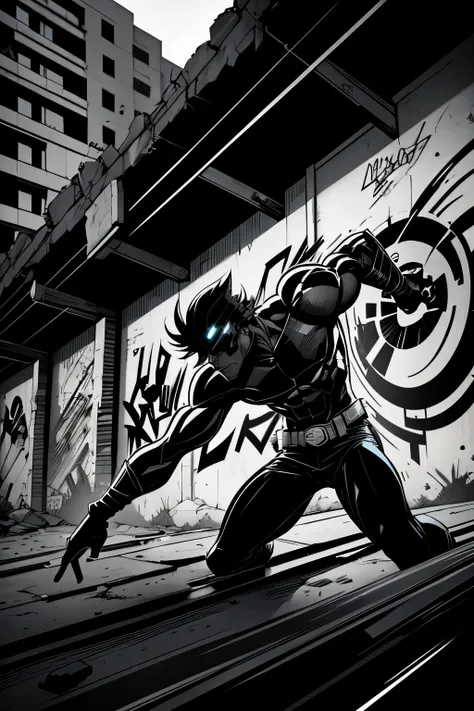 best quality, motion-blur, action-lines, Graffiti Comics, no color, ruins