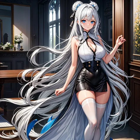 ((1 girl)),ray tracing,(dim lighting),(detailed background (living room)),((silver hair)),((silver hair)),(Fluffy silver hair, plump and slender girl))) with high ponytail))) Avoid golden eyes in the ominous living room ((Girl wears white opaque shirt, bla...