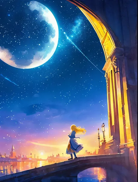 ((Huge pale yellow moon))((A girl who looks up at her profile and is subjectively depicted))、((crying girl))、Profile girls、On a multicolored background、A painting of a river with stars and the moon in a rainbow sky、Shining skyscrapers、shines all over、Conce...