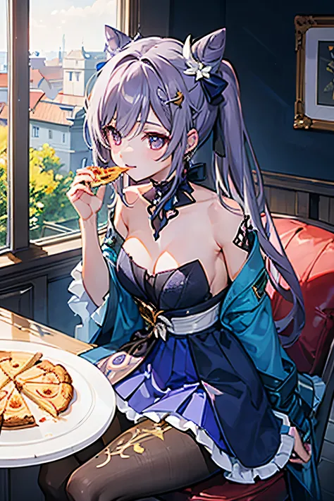 solo, smiling, closeup , wearing opulent splendor , closing the eyes, view the viewer, resturant background,sitting on the chair, pizza in the plate on the table, slice of pizza in the hand and eating that
