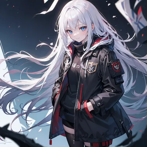 (extremely detailed 8K wallpaper),(ultra-detailed),(best quality),(masterpiece),(highly detailed),(cinematic lighting),(Original),Cold ligh，moody,32K depth of field,anime characters，White hair and blue eyes，((Slim trench coat)),Smile，black stockings,((hand...