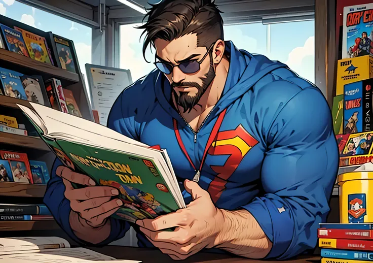 bearded man with sunglasses reading a Marvel and DC superhero comic book