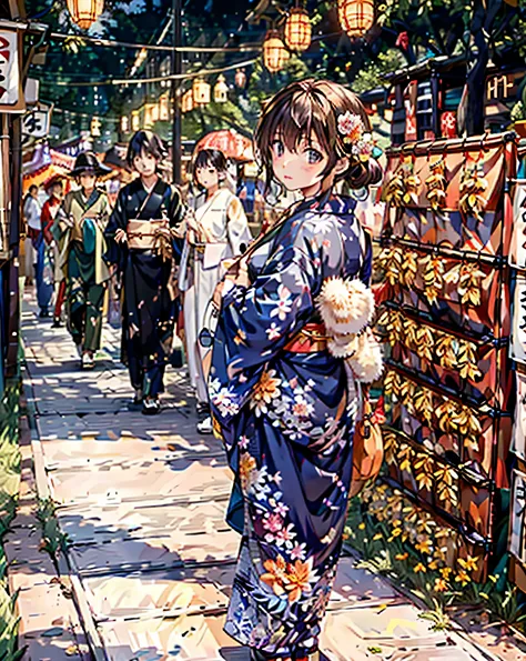 masterpiece, highest quality, super detailed, shape, omatsuri, food stand, 1 girl, beautiful eyes, looking at the viewer, from b...