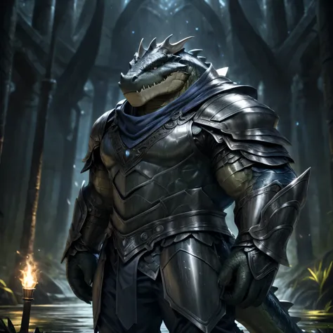 Tall hyperMuscular Deep BLUE Crocodile wearing Full silver armor in all body, HD, 4K, high resolution, Best quality, perfect colors, perfect shadow, perfect litthing, Alone, Males person, Correct Head Anatomy, Correct Anatomy, (Detailed Realistic scales, e...