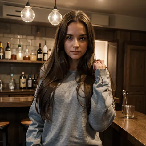 Hyperrealismus-Fotografie, Sweet , 26 Jahre alt, Long brunette hair, rosa farbiger Pullover 64k, Meisterwerk, scharfes Foto, Blick auf den Betrachter, dunkelbraunes Haar , large  ,in einer modernen Bar, Long dunkelbraunes Haar, perfect body, Modell, das Si...