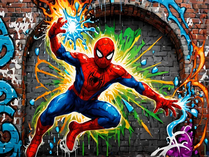 (pixel art:1.4), made of elemental_graffiti, design a mesmerizing ((((wall graffiti)))) featuring heroic spider-man in a dynamic...