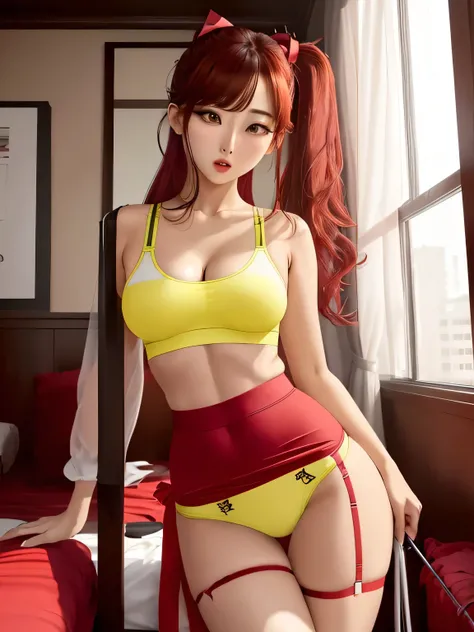 A man wearing a deep red bra and panties is standing、her golf wear&#39;On top of that, she wears a light yellow fabric that fits her upper body., Her bright red bra is visible.、The bottom is a green mini tight skirt..、that&#39;So tight that the panty line ...