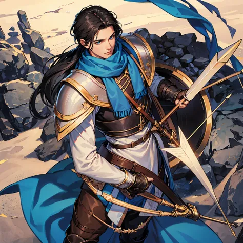 Male ranger long black hair and blue eyes, wearing leather armor and scarf, bow and quiver full of arrow on his back