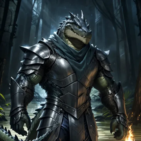 tall hypermuscular deep blue crocodile wearing full silver armor in all body, hd, 4k, high resolution, best quality, perfect col...