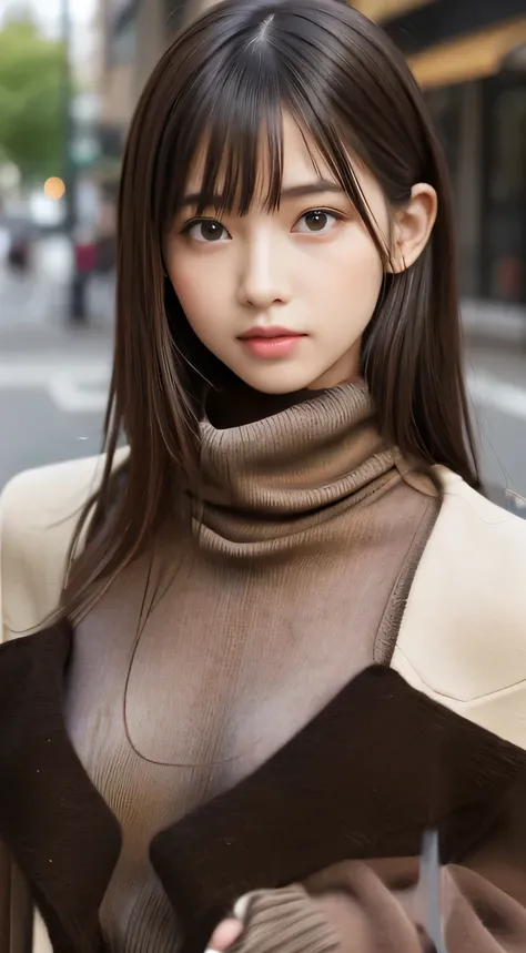 masterpiece, highest quality, one girl, (beautiful girl, delicate girl:1.3), (13 years old:1.3), extremely fine transparency, (symmetrical eyes:1.3), (Street view:1.2), (long coat, turtleneck sweater:1.3), 