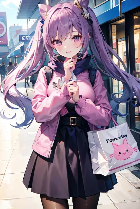 solo, closeup , wearing pink girls outerwear , closing her eyes, shopping mall background, 2 shopping bags on her each hands ,smiling,
