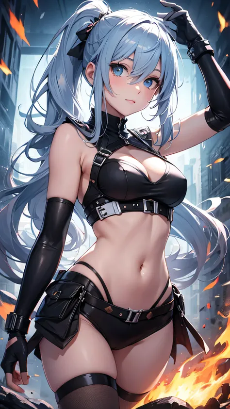 最high quality、best image quality、masterpiece、teenage girl((20-year-old、 By becoming、vest bust、medium bust,wide open breast tea、shining eyes, light blue hair、long hair、thin,highest valley、ponytail、monster arm、monster leg arm、fighting pose)),high quality、bea...