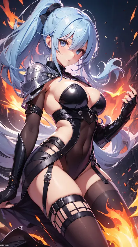 最high quality、best image quality、masterpiece、teenage girl((20-year-old、 By becoming、vest bust、medium bust,wide open breast tea、shining eyes, light blue hair、long hair、thin,highest valley、ponytail、monster arm、monster leg arm、fighting pose)),high quality、bea...