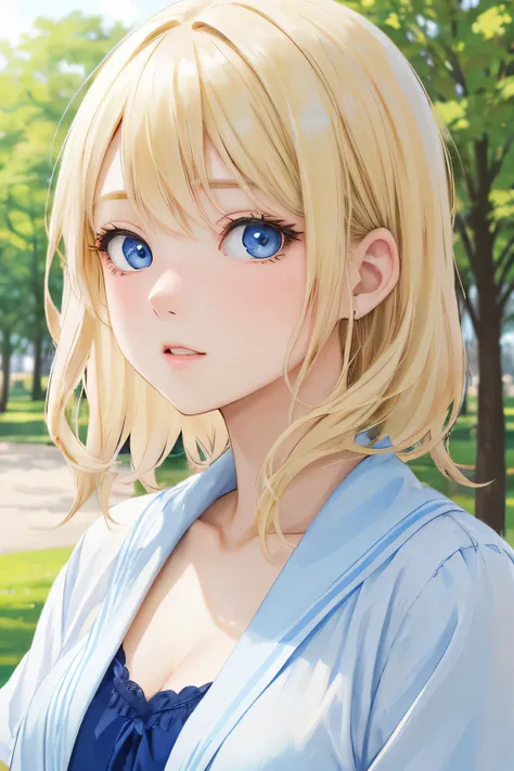 blonde and blue eyed girl、park background