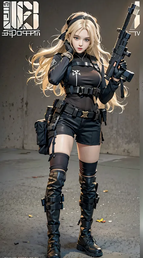 realistic, High resolution, 1 female, 17 years old, blonde, straight short bob hair, black ribbon in hair, alone, sexy, hip up, show viewer, (detailed face), swat vest, gun, jewelry, Licorice,