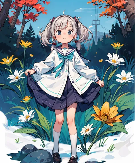 (masterpiece、highest quality、highest quality、official art、beautiful beautiful:1.2)、(1 girl:1.3)Hatsune Miku、twin tails,1 girl, detailed and beautiful eyes, long gray hair, light gray eyes, school uniform, high white stockings, Glossy skin, flower, Narcissu...