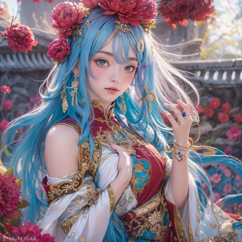 黄 blue colors，enamel，agate，A flesh-colored world，Blood Blue Maiden 32k（masterpiece，HD，Aoyama Pond，Ultra high quality，32k）long flowing bright blue hair，blood pool，Ziddink， a color，Grumpy （After greeting）， （Linen scarf）， fighting stance， looking at the groun...