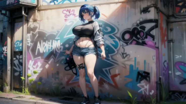 1woman with short pants fashion, background (wall with (Graffiti Comics:1.2):1.2), full body shot, big breast, big butt, huge breasts, gigantic breasts