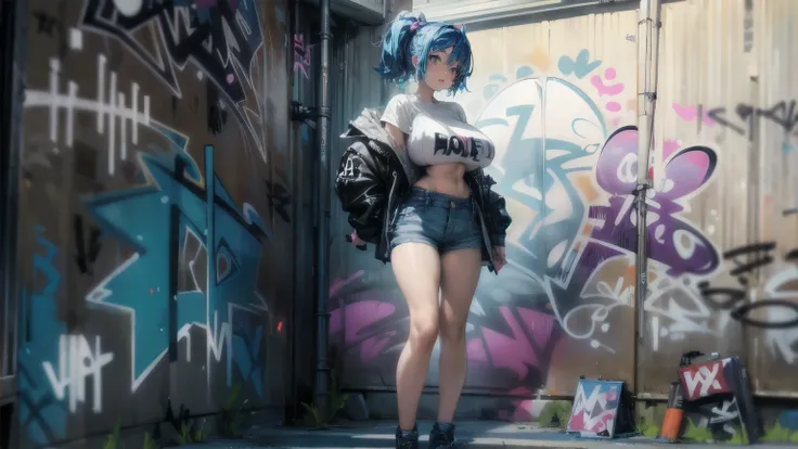 1woman with short pants fashion, background (wall with (Graffiti Comics:1.2):1.2), full body shot, big breast, big butt, huge breasts, gigantic breasts