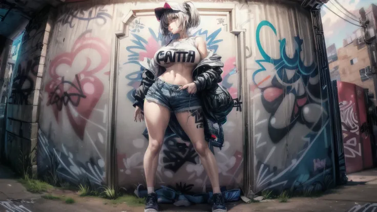 1woman with short pants fashion, background (wall with (graffiti comics:1.2):1.2), full body shot, big breast, big butt, huge br...