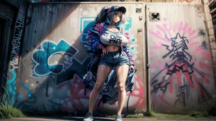 1woman with short pants fashion, background (wall with (Graffiti Comics:1.2):1.2), full body shot, big breast, big butt, huge breasts, gigantic breasts