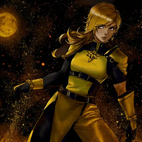 version female of scorpion from mkii, blonde woman, scorpion outfit, rosalina look a like, yellow classic outfit,