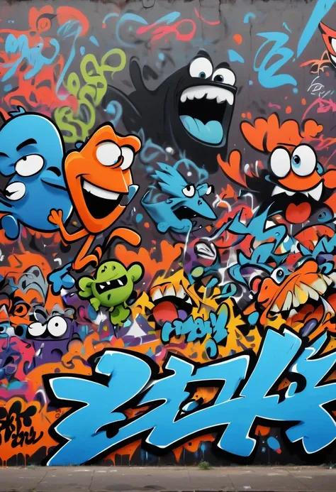 Graffiti漫画，Graffiti, wall, whole picture, High resolution and high contrast,simple,Pixar