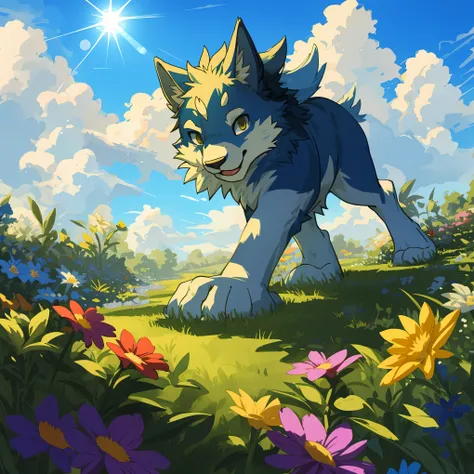 top quality, highres, High-quality illustrations, unparalleled masterpiece(movie of life)farm, Blue sky and clouds, florals Beautiful garden(furry anthro)absurdres, perfect anatomy, caustics, dynamic lighting, lens flare, deep shadow, dynamic angle,