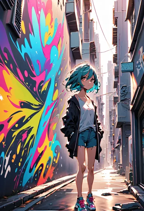 Graffiti漫画，Graffiti, wall, whole picture, high resolution和高对比度,simple,girl，(best quality,high resolution,masterpiece:1.2),super detailed,actual, high dynamic range,studio lighting,Physically based rendering,bright colors,[Street art],portrait,[comic style]...