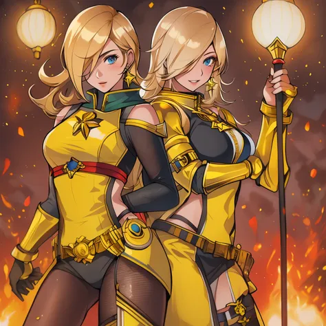 version female of scorpion from mkii, blonde woman, scorpion outfit, rosalina look a like, yellow classic outfit,