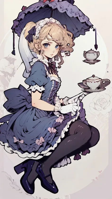 1girl, alice_(alice_in_wonderland), long_hair, blonde_hair, teacup, umbrella, solo, teapot, cup, dress, gloves, holding, white_g...