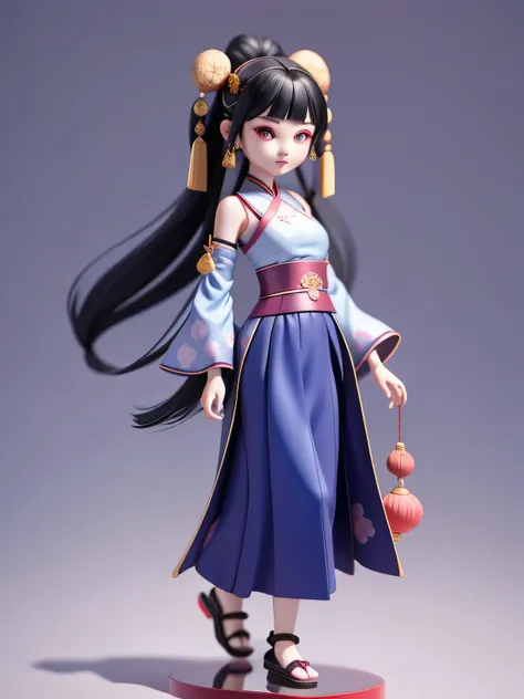 （whole body 1：2)Girl wearing ancient Chinese Hanfu，Black hair like a spring, Bangs, Hair buns that hang down,  Plum hair accessories,faint smile, heart shaped earrings, blue pattern top，Red dress hanging down to the feet, three side view, Blind box toy sty...