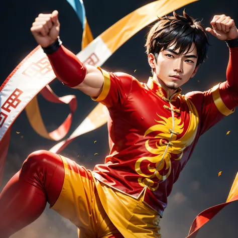 Chinese Guy Super Hero Red and Yellow clothes Chinese clothes China flag