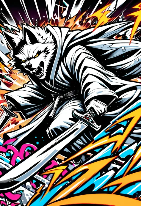 (Doodle cartoon illustration:1.3), maniac detail wolf, ninja dress, eruption explosion background, Fine, strong brush strokes, Highlight graffiti comic coating, cool decorative dagger, Steel headband, Rich color palette, intricate details, insane details, ...