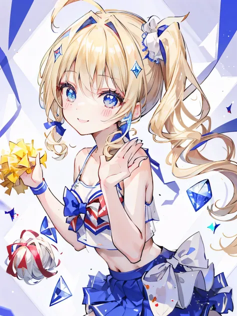 (blonde:1.2),(Side ponytail tied around the temporal lobe:1.3),(Her hair is in a ponytail with curls:1.2),BREAK,(blue lapis lazuli eyes:1.3),(blue ribbon in ponytail knot:1.2),BREAK,(red, white and blue cheerleader costume:1.4),(Smile and cheer:1.3),((Rais...