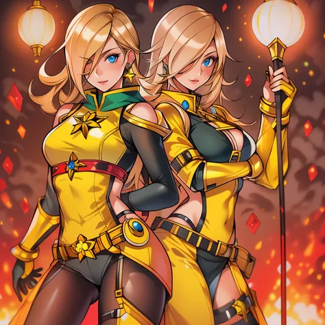 version female of Scorpion from MKII, blonde woman, Scorpion outfit, Rosalina look a like, yellow classic outfit, 