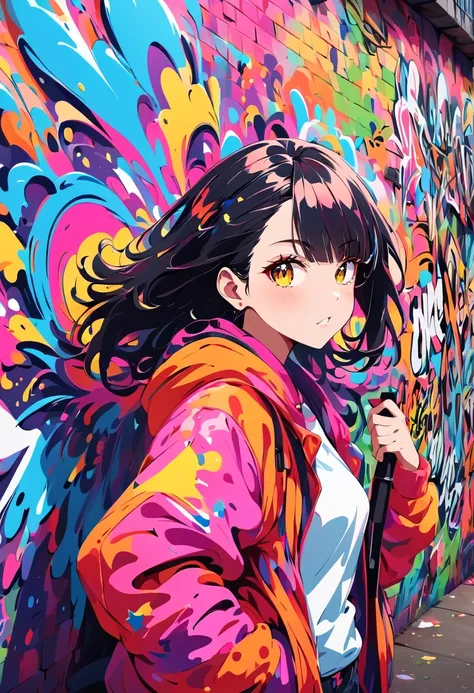 Graffiti漫画，Graffiti, wall, whole picture, high resolution和高对比度,simple,girl，(best quality,high resolution,masterpiece:1.2),super detailed,actual, high dynamic range,studio lighting,Physically based rendering,bright colors,[Street art],portrait,[comic style]...