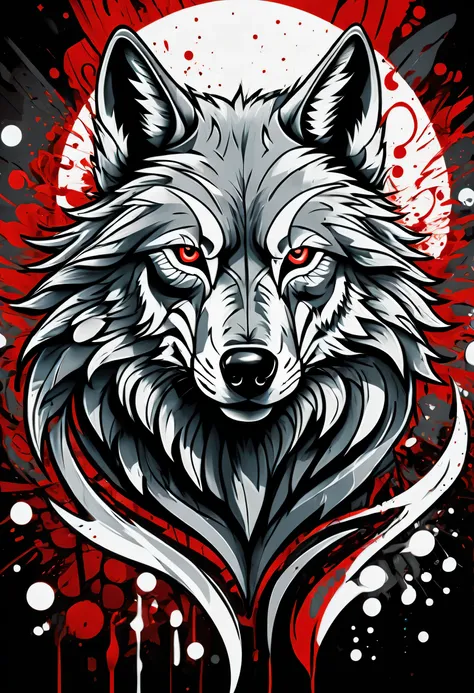 (doodle cartoon illustration:1.3), wolf, stylish, mainly white with black and red elements, intricate details, fine brush stroke...