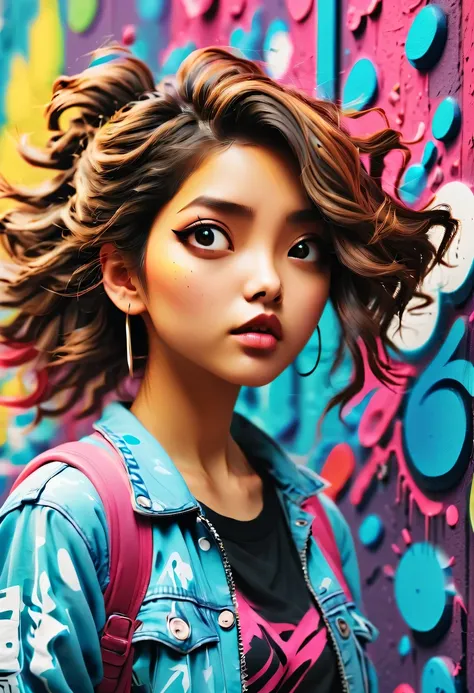 Graffiti漫画，Graffiti, wall, whole picture, high resolution和高对比度,simple,girl，(best quality,high resolution,masterpiece:1.2),super detailed,actual, high dynamic range,studio lighting,Physically based rendering,bright colors,[Street art],portrait,[comic style]...