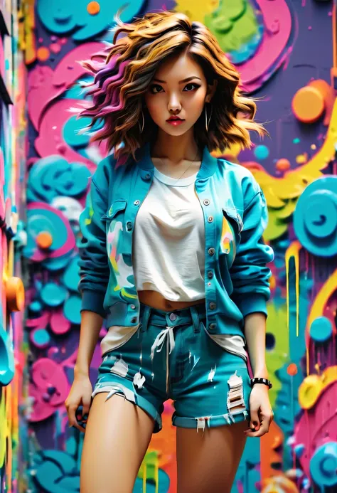 Graffiti漫画，Graffiti, wall, whole picture, high resolution和高对比度,simple,girl，(best quality,high resolution,masterpiece:1.2),super detailed,actual, high dynamic range,studio lighting,Physically based rendering,bright colors,[Street art],portrait,[comic style]...